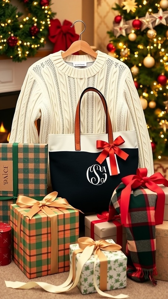 A collection of preppy Christmas gifts including a sweater, tote bag, and scarf, beautifully wrapped in festive paper.